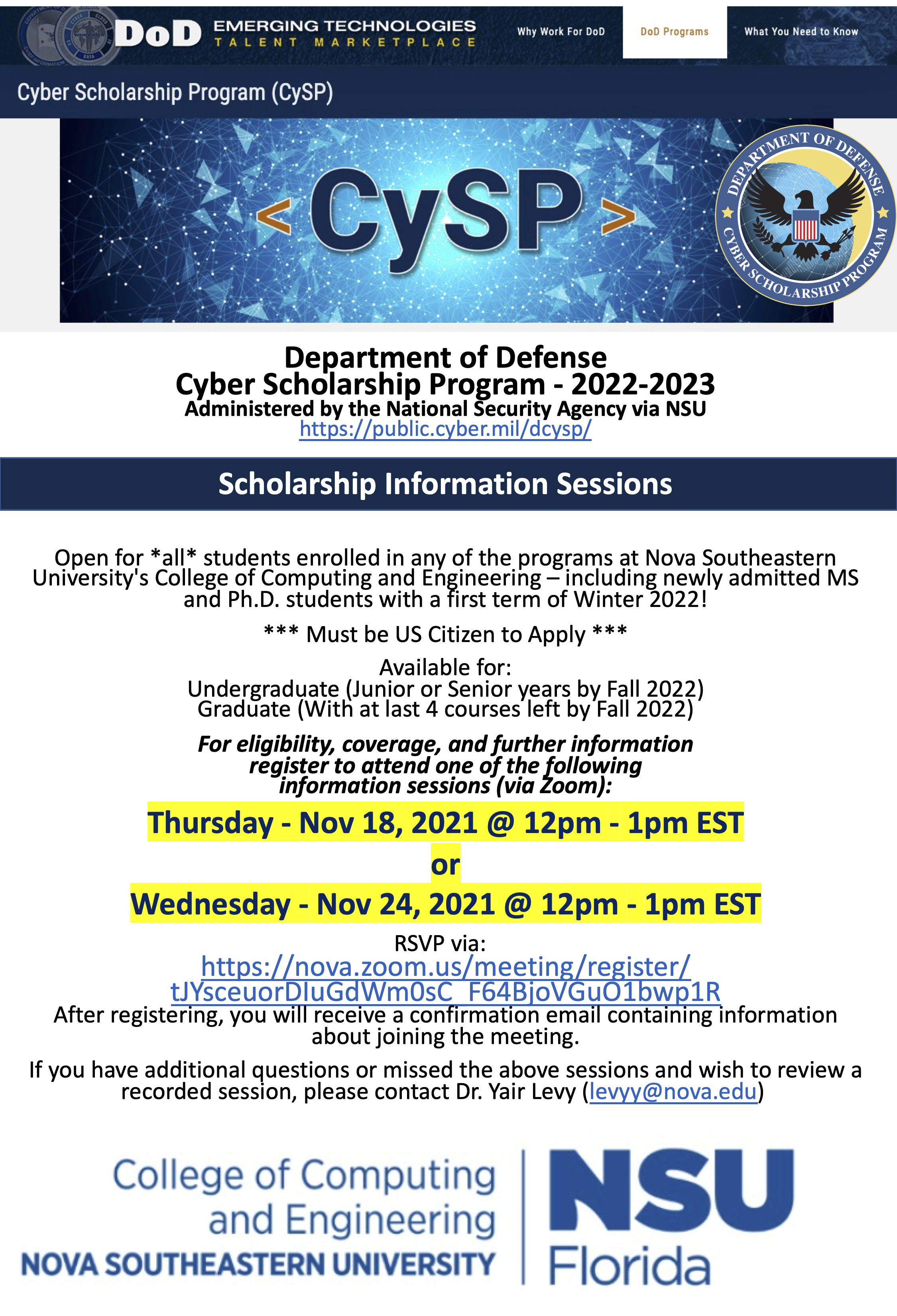 2022-2023 DoD CySP Information Sessions Flyer